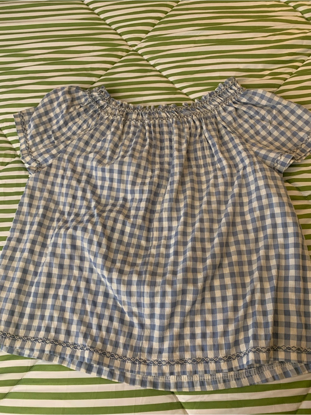 Max Studio Blue and White Gingham Off-Shoulder Top - Picture 7 of 8